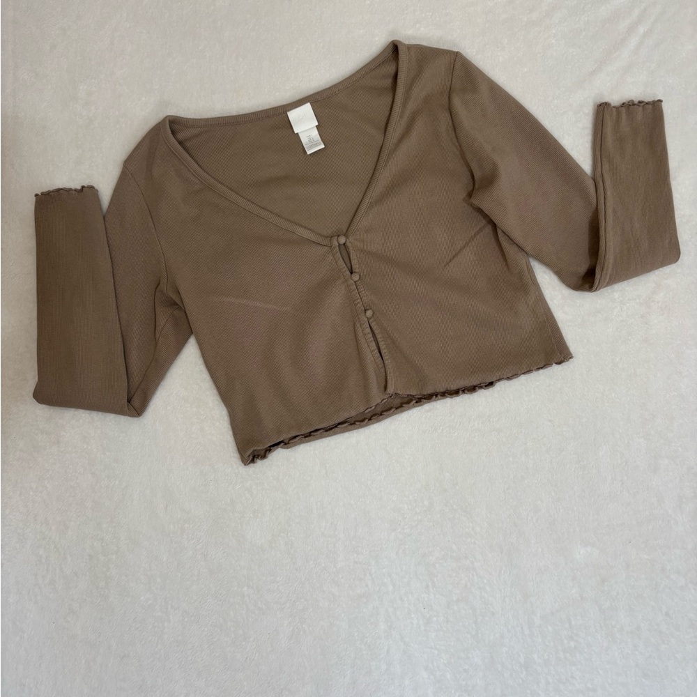 H&M Brown Button-Up Crop Top layering Size Large